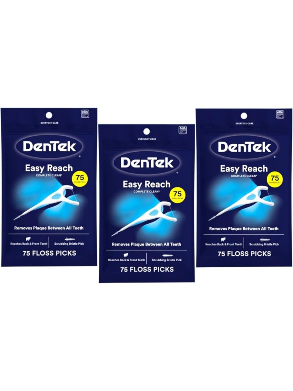 Complete Clean Easy Reach Floss Picks - No Break, No Shred, 75 Count, 3 Pack